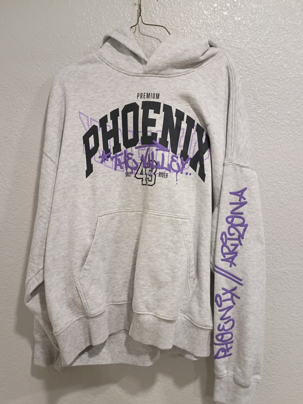 H&M Light Gray Phoenix Graphic Pullover Hoodie with Purple Accents